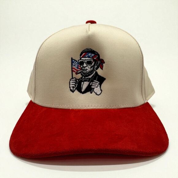 Abe Lincoln Patriotic Hat | Cream & Red Suede Snapback | Mad Capper Texas - Picture 1 of 2